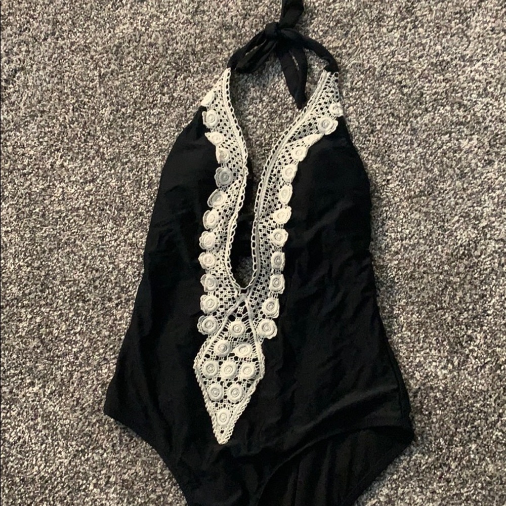 Black One Piece with Crochet Detail